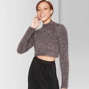 Women's Fuzzy Cropped Mock Neck Sweater